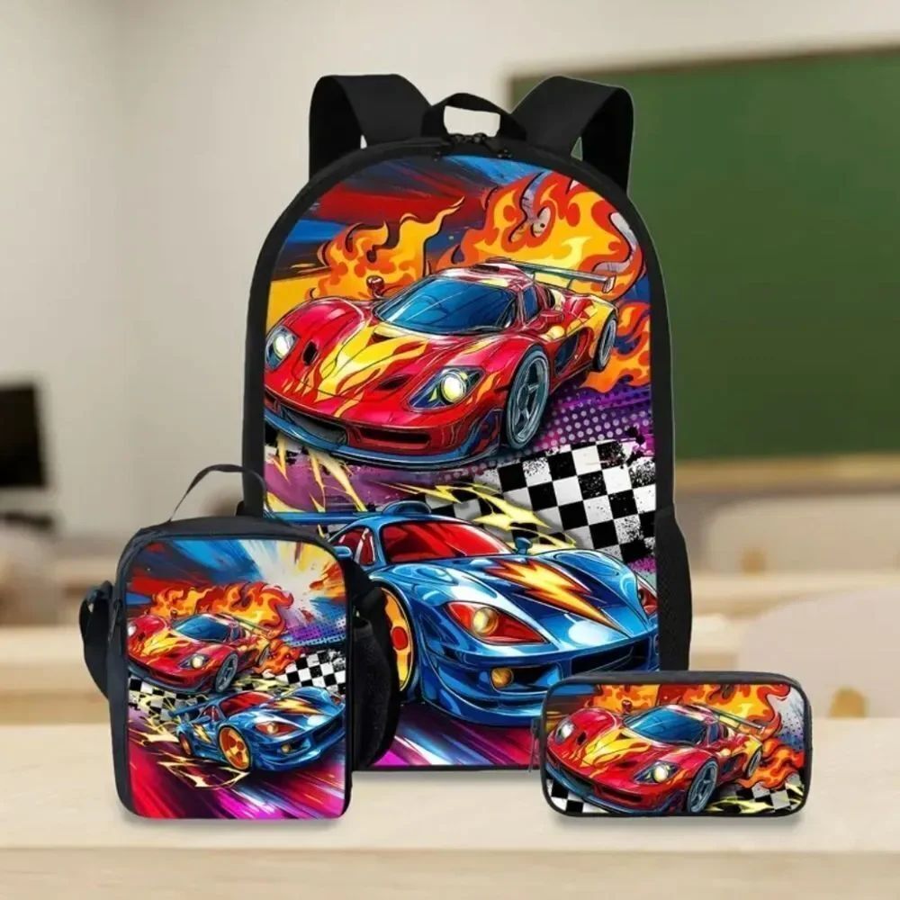 Racecars Fire Finishline Bookbag/Backpack Lunch Bag Pencil Case Set
